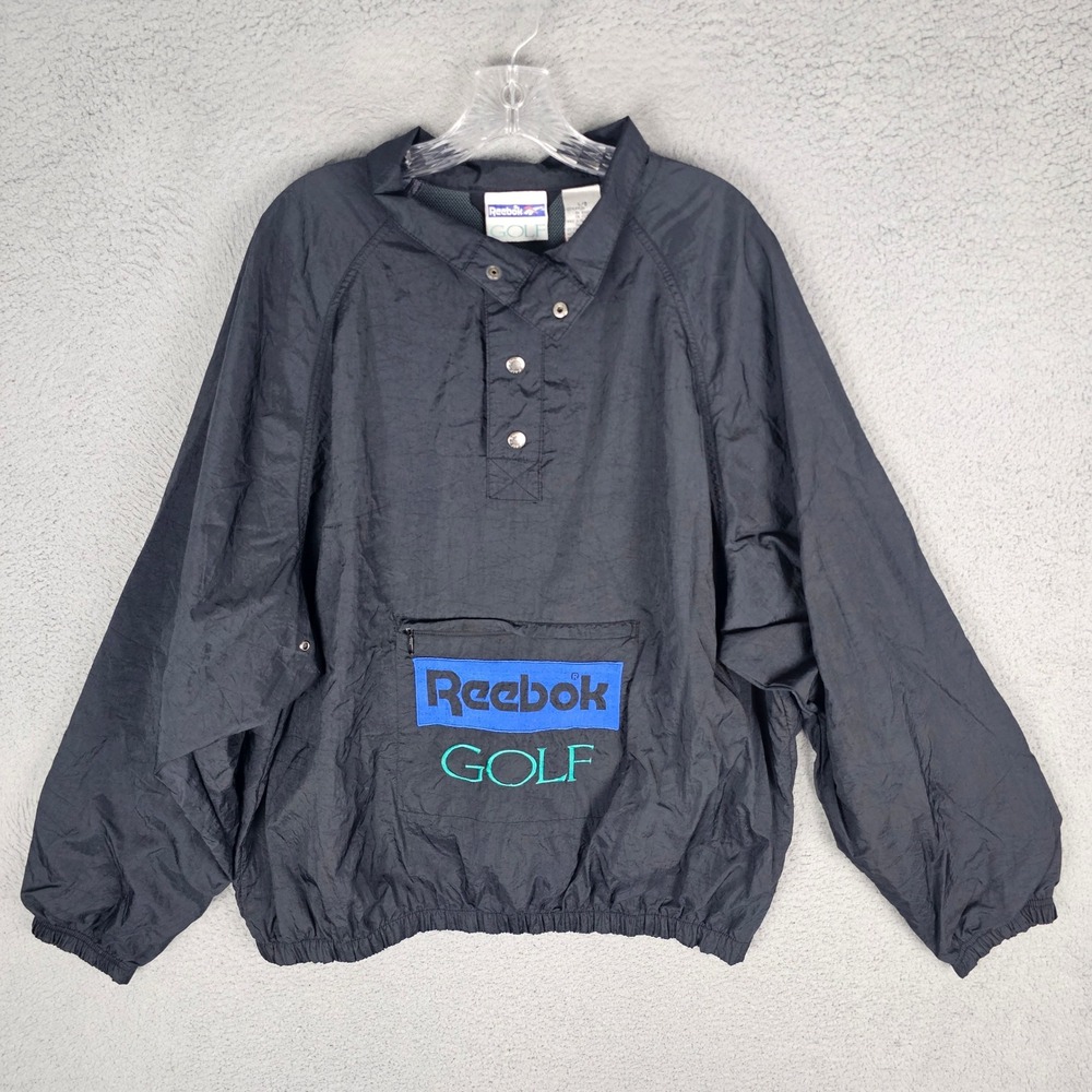 Reebok Pullover Jacket Mens L Black Golf Vintage Logo Windbreaker Snap 28796